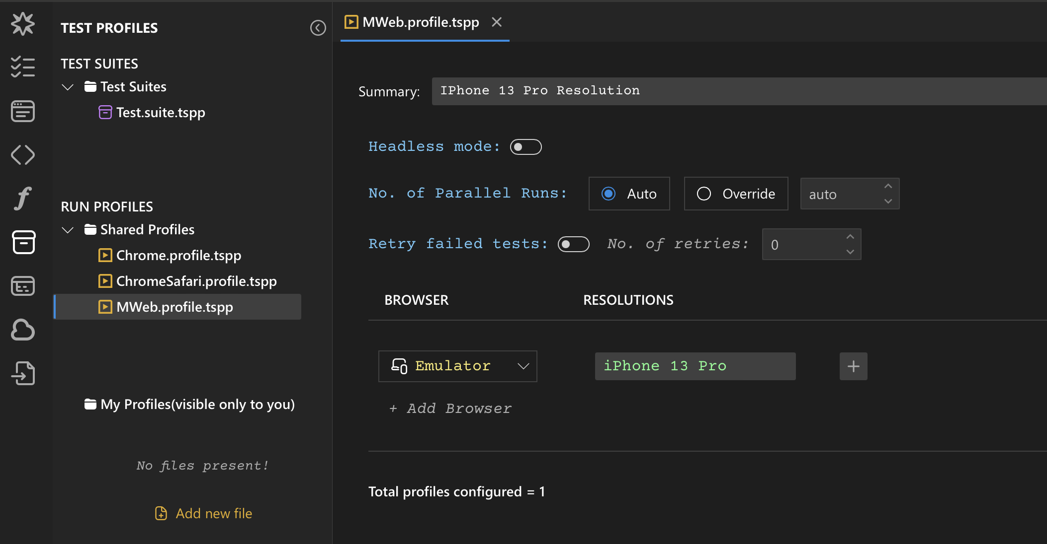 Save Mobile Web Resolution Profile on DevAssure